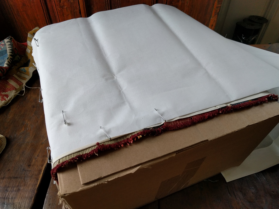 Image 2 - putting the bag over a box and pinning the buckram to the bag body